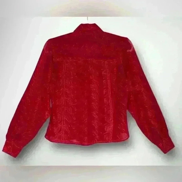 Women’s Sheer Red Button Down Blouse Decorative Embroidery Two Pocket Size M - Picture 4 of 8